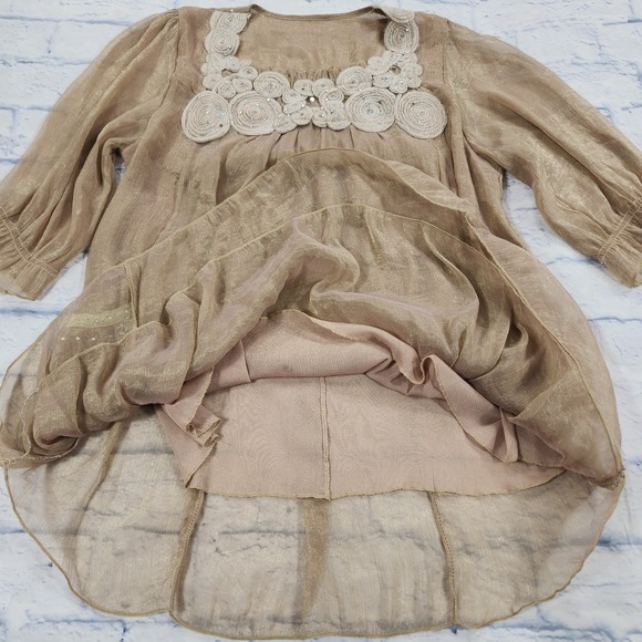 Pretty Angel Boho Blouse WOMENS SZ L Gold Sheer Festival Romantic Top - Picture 4 of 12
